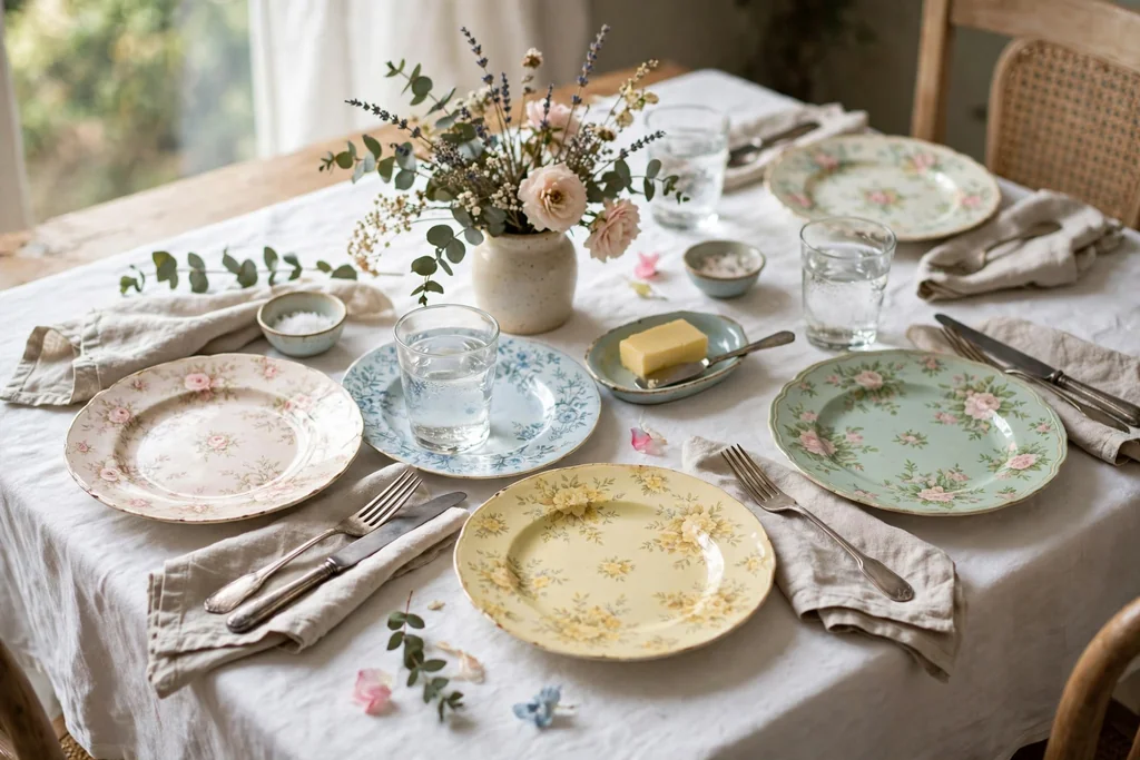 Table set with mismatched vintage plates in soft floral and pastel patterns.