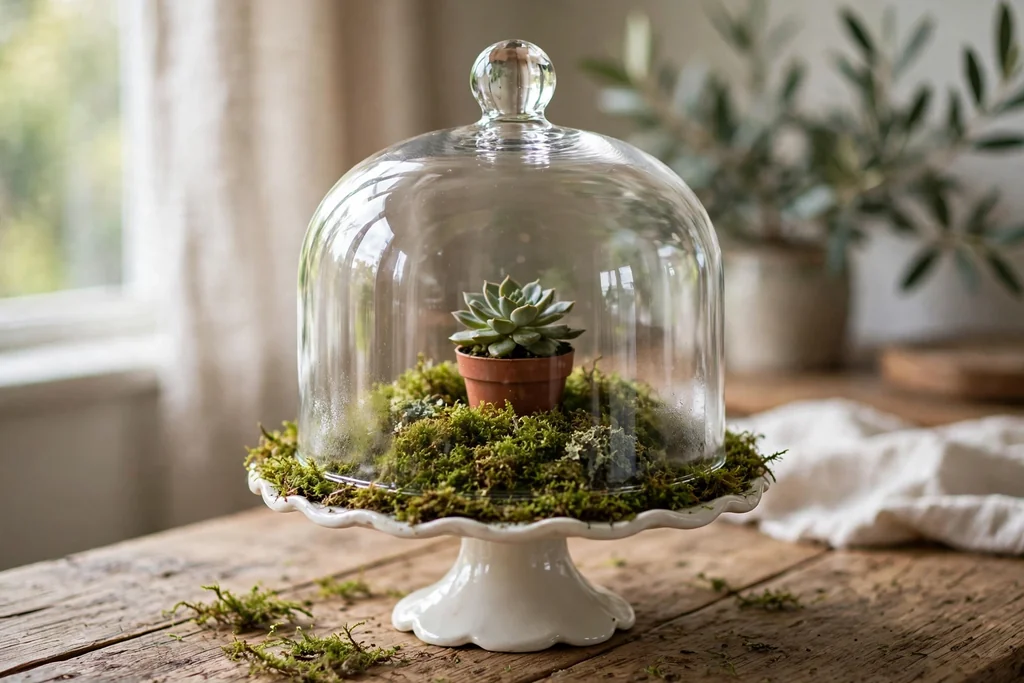 Glass cloche covering a small potted plant and moss on a cake stand on a table.