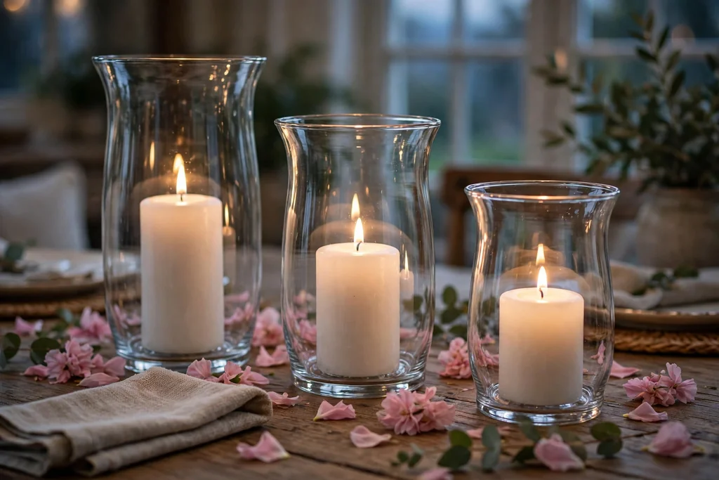 Glass hurricane candle holders with white candles and scattered flower petals on a table.