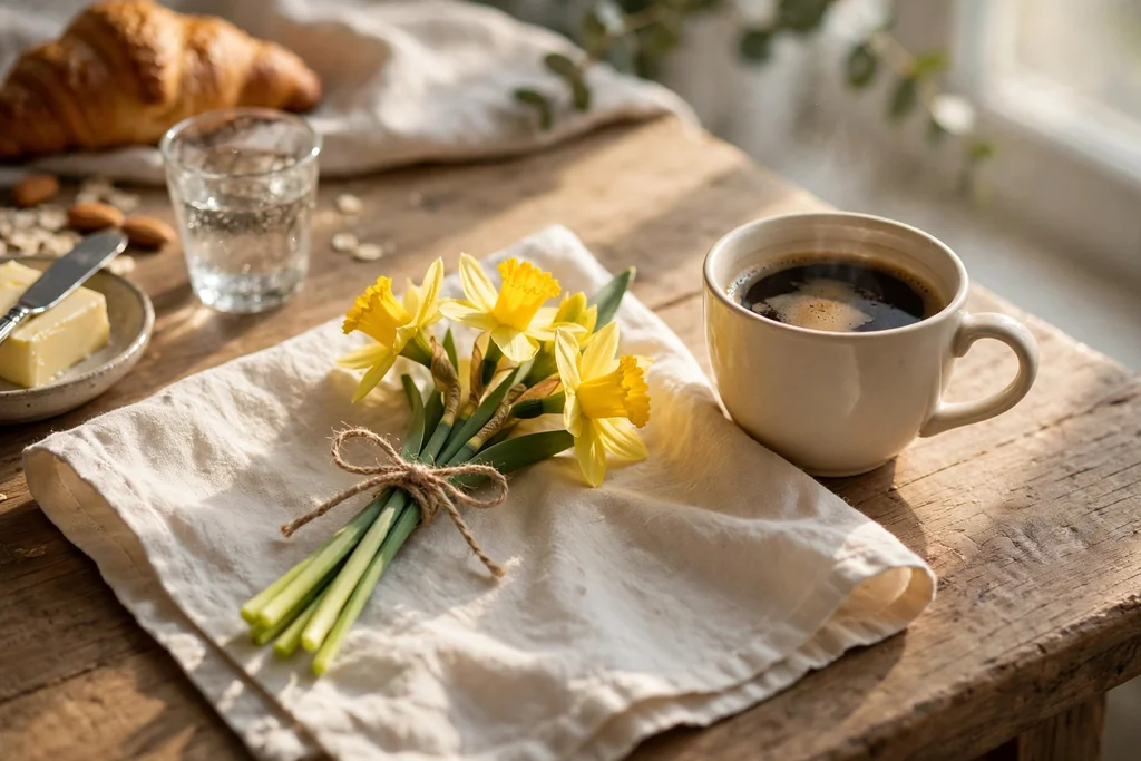Breakfast table setting with a small tied posy of daffodils laid across a napkin.