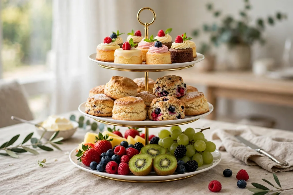 Tiered stand filled with scones, fruit, and small cakes as a brunch table centerpiece.