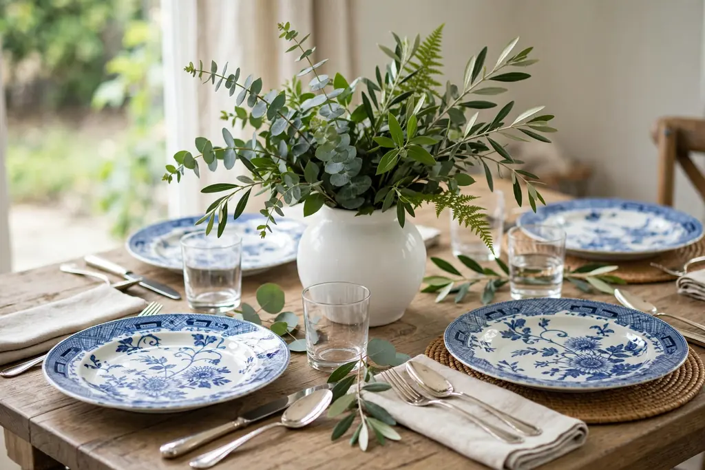 Table set with blue and white porcelain plates and a vase of fresh green foliage.