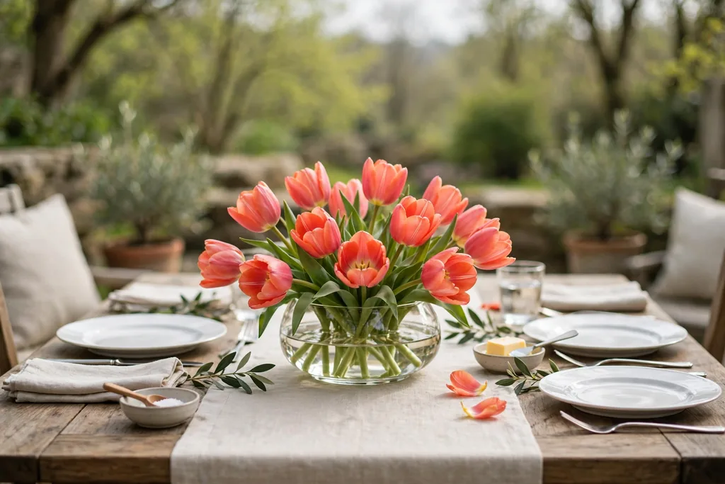 Low glass vase of coral tulips in the center of a spring dining table.