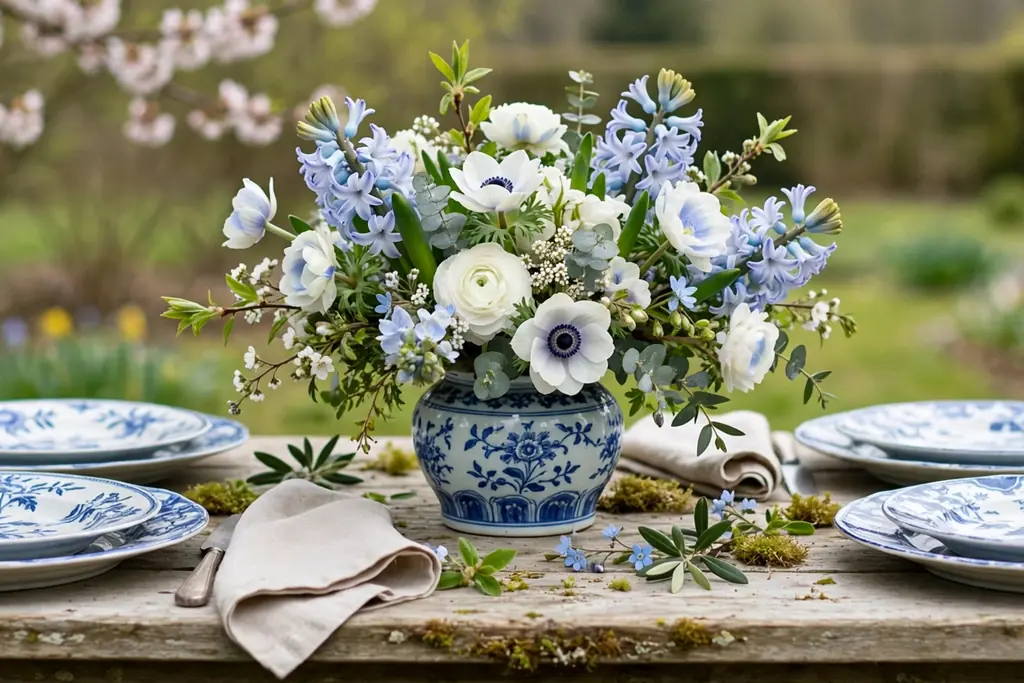 Blue and white porcelain plates with a vase of white and pale blue blooms.