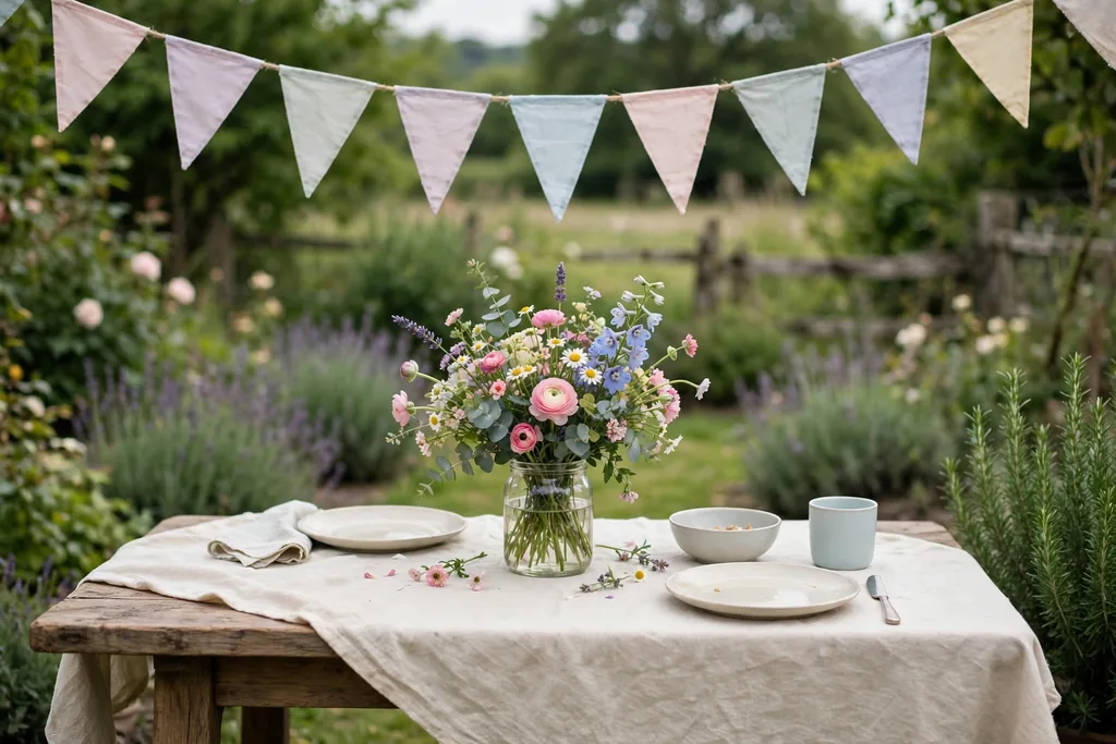 Outdoor garden table with pastel bunting overhead and a jar of garden flowers.