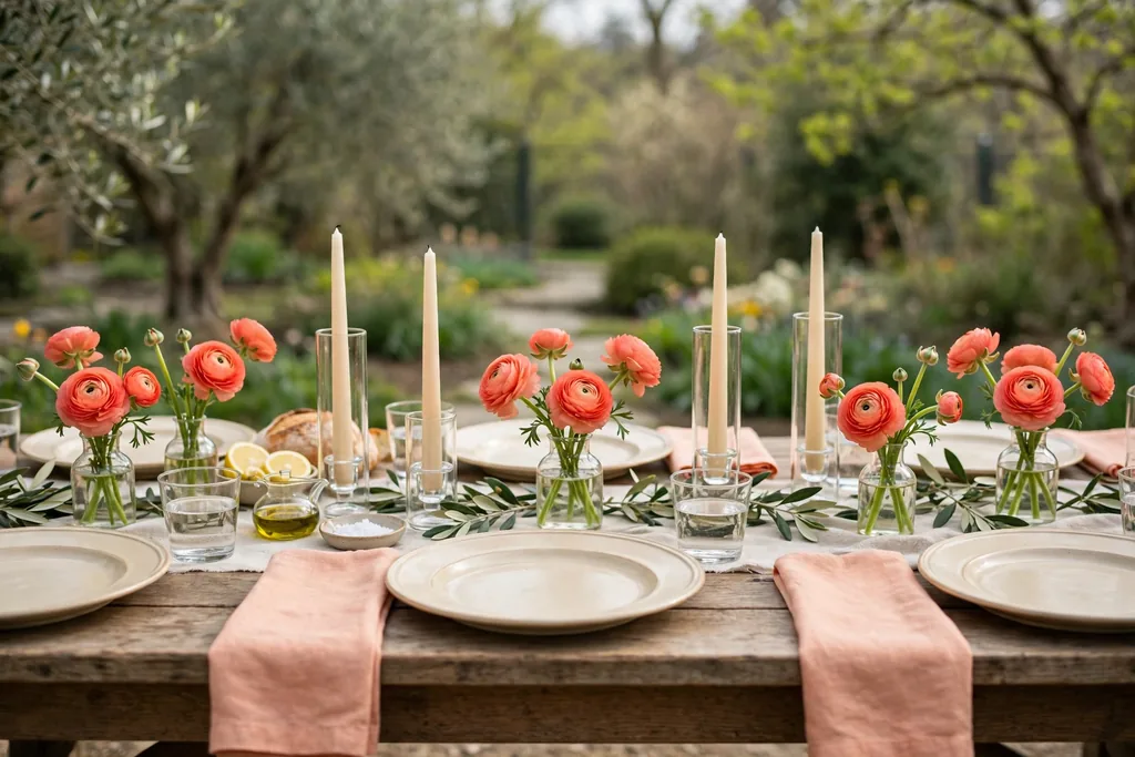 Peach napkins, coral ranunculus blooms, and slim candles on a spring dinner table.