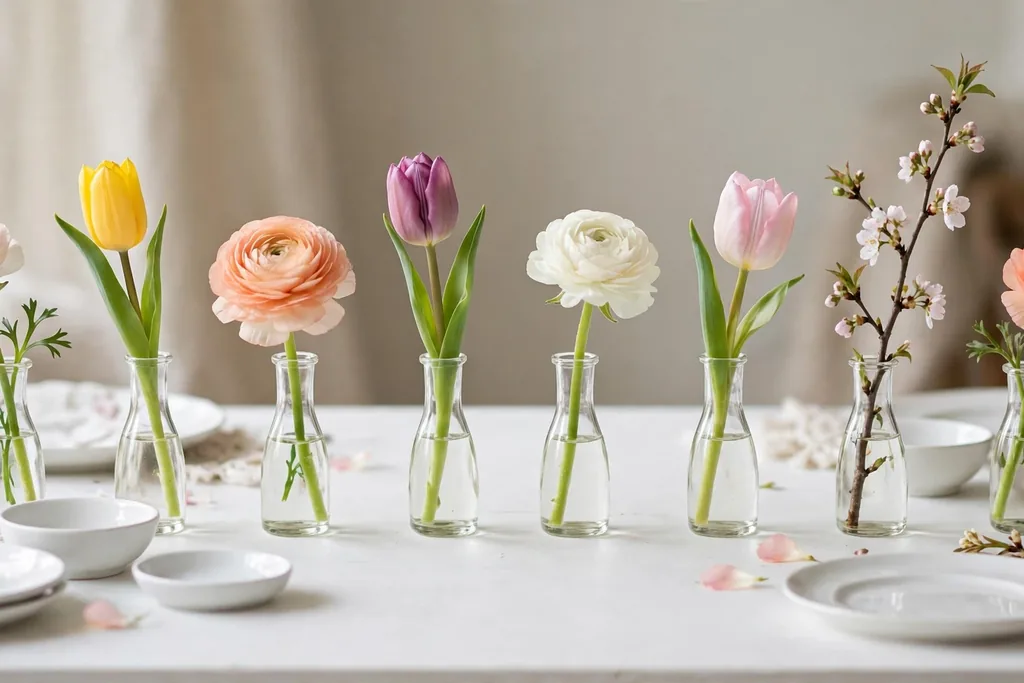 Row of small bud vases each holding a single spring stem on a white table.