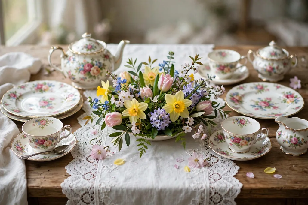 Vintage floral china on a white lace runner with a low bowl of spring blooms.