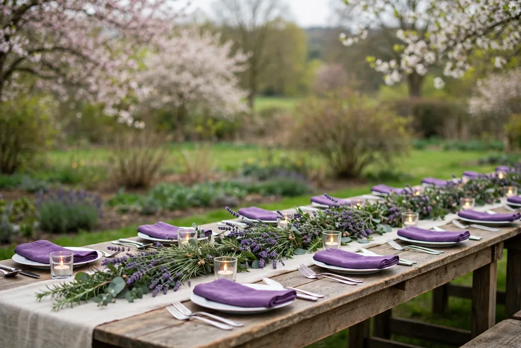 Lavender sprigs along a table center with purple napkins and small candles.