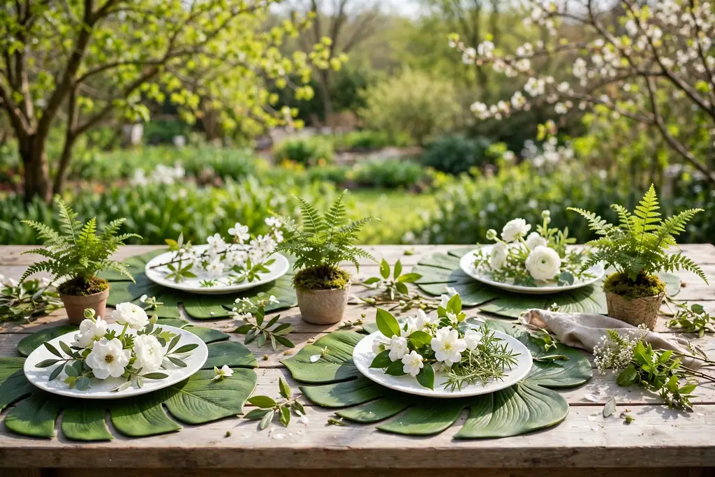 Green leaf placemats under white plates with white blooms and potted ferns.