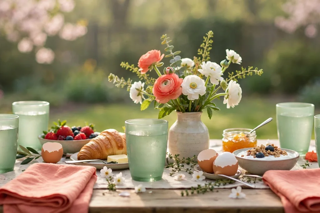 Coral napkins and mint glasses with a small vase of coral and white blooms at breakfast.