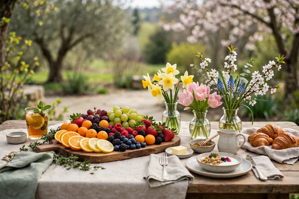 Spring brunch table with a fruit board of citrus and berries beside small vases of blooms.