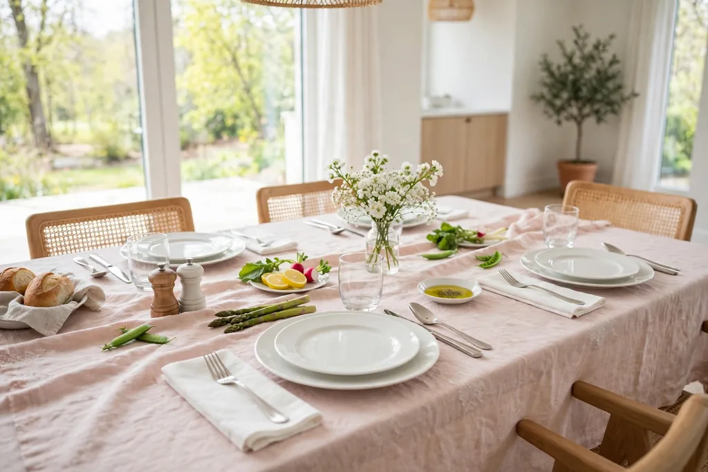 Pastel blush linen tablecloth with plain white dishes set for a spring meal.