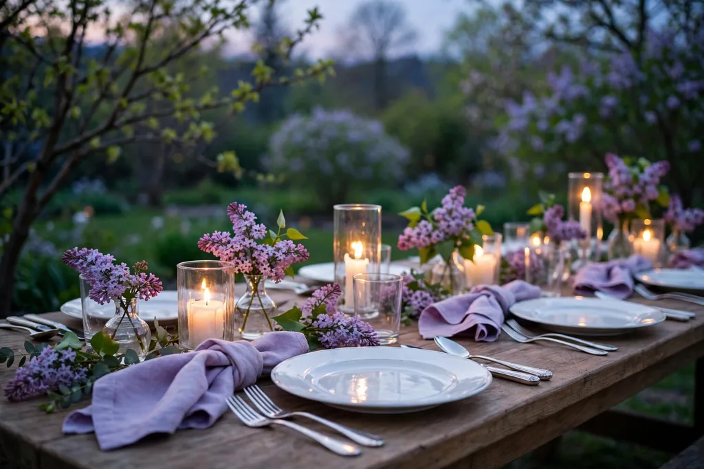 Lilac napkins, lilac blooms, silver cutlery, and glass candle holders on an evening table.