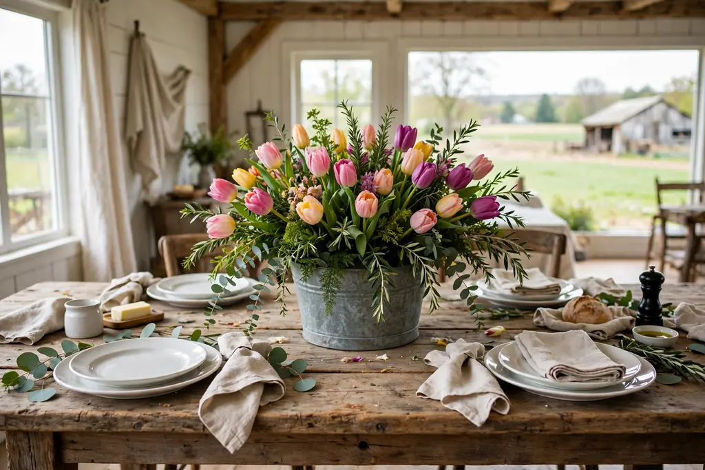 Galvanized bucket of tulips and greenery on a farmhouse wood table with white dishes.