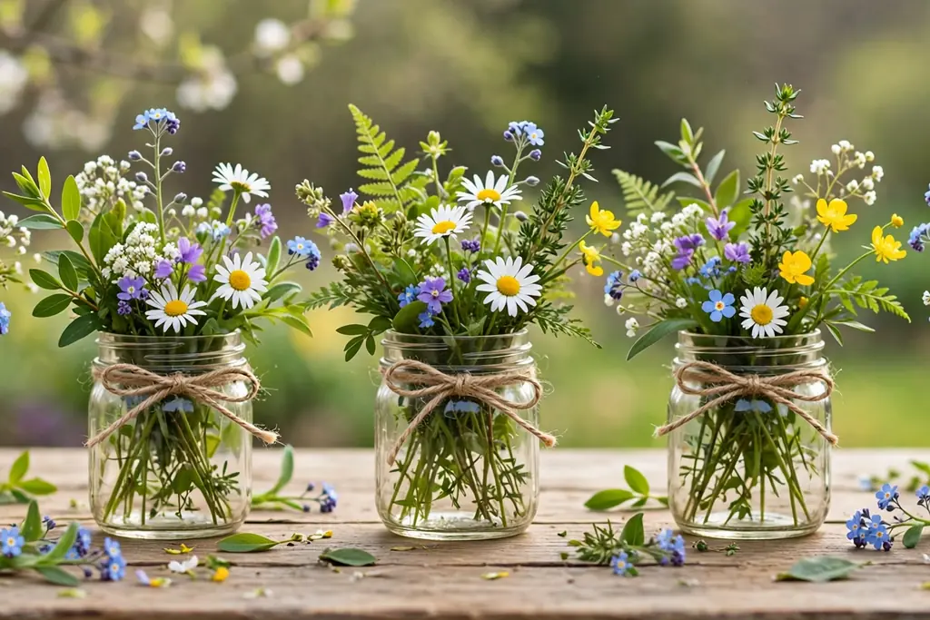 Small mason jars of wildflowers with twine tied around each jar on a spring table.