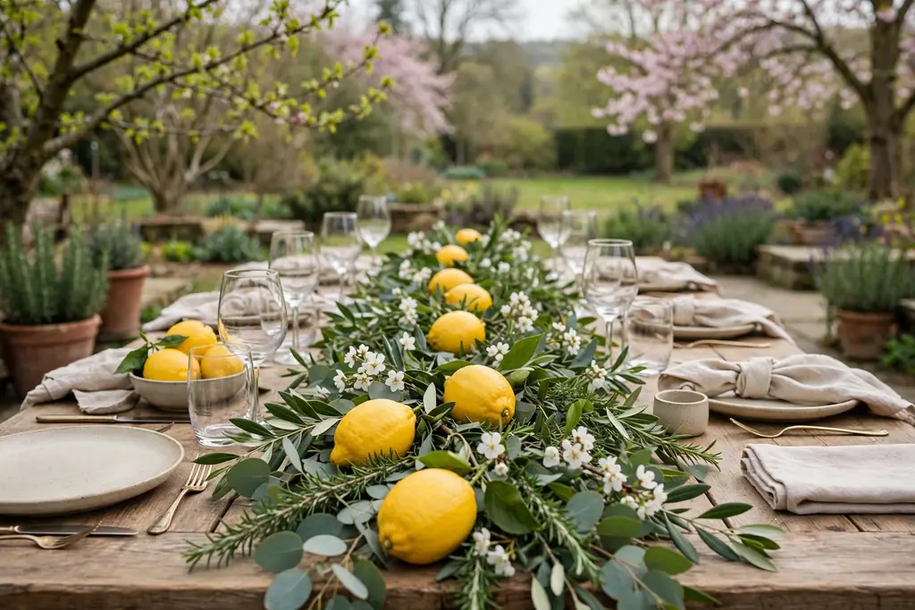 Greenery runner with whole lemons and small white blooms down a spring table.