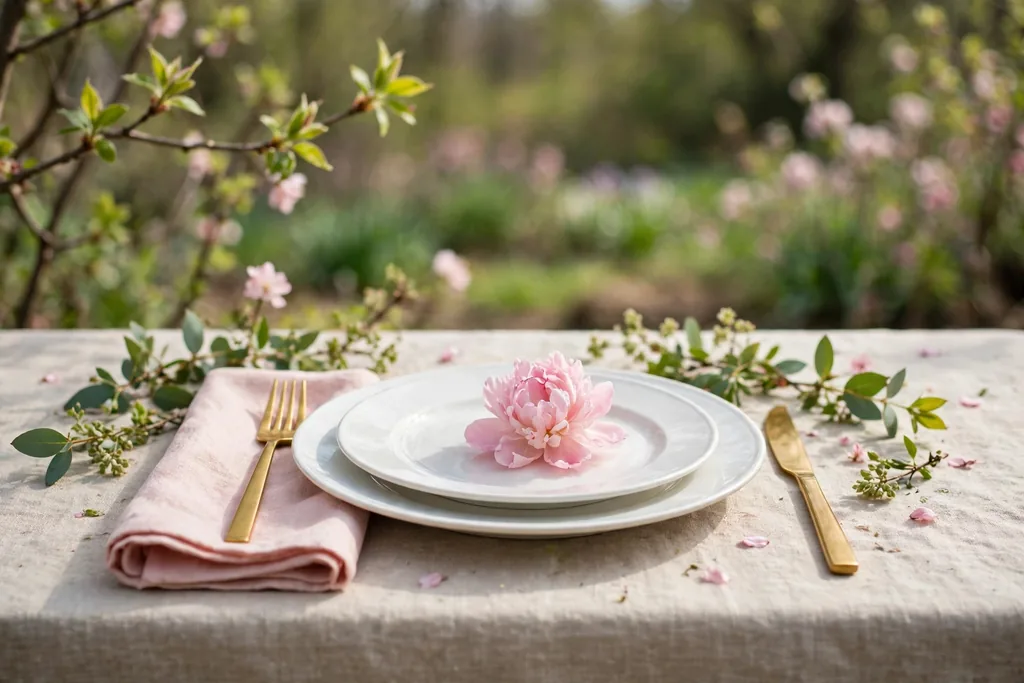 Blush pink napkins, gold cutlery, and a single pink bloom on a white plate.
