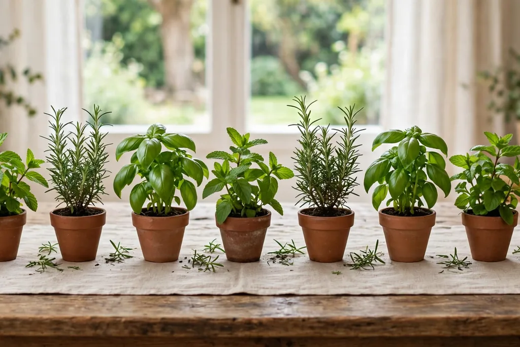 Small terracotta pots of basil, mint, and rosemary lined down a dining table.