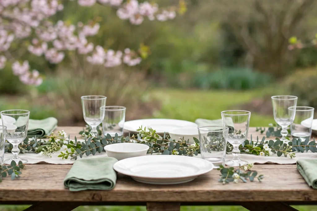 White dishes with sage green napkins and short eucalyptus sprigs on a spring table.