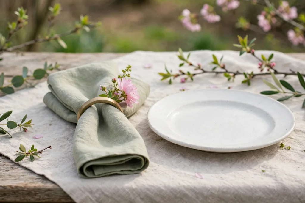 Folded cloth napkin in a plain ring with a small fresh bloom tucked behind it.