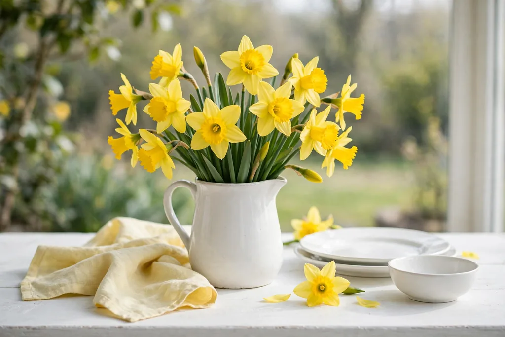 Yellow daffodils in a white pitcher on a white table with pale yellow napkins.