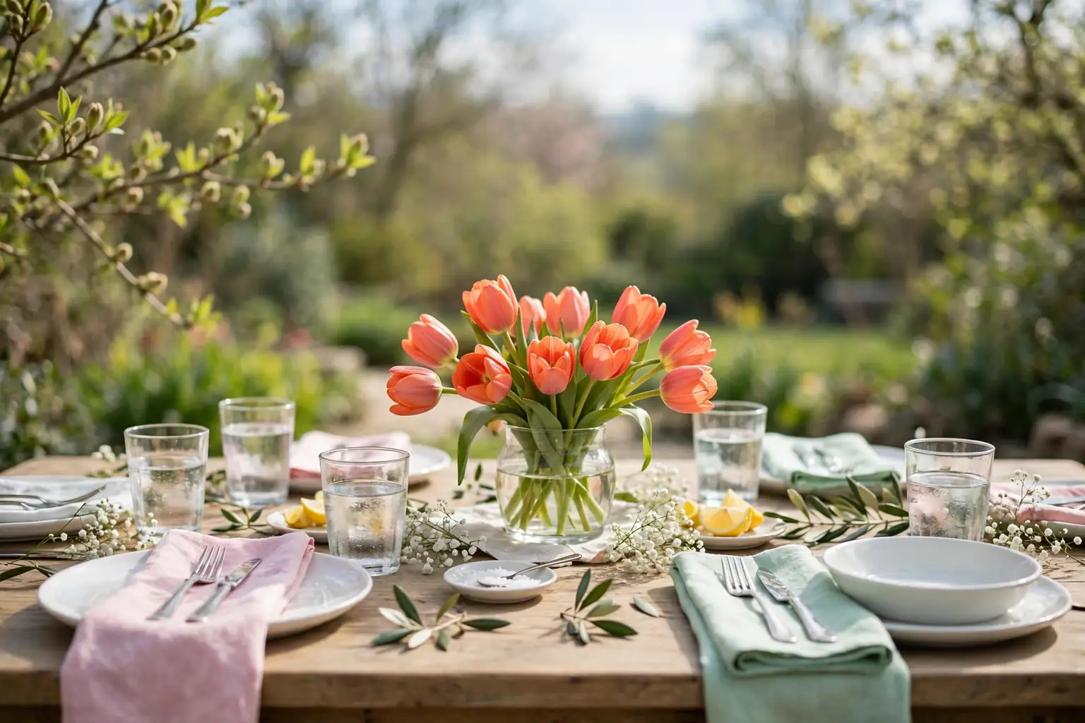A bright spring dining table with a low vase of coral tulips, pastel napkins, and white dishes in daylight.