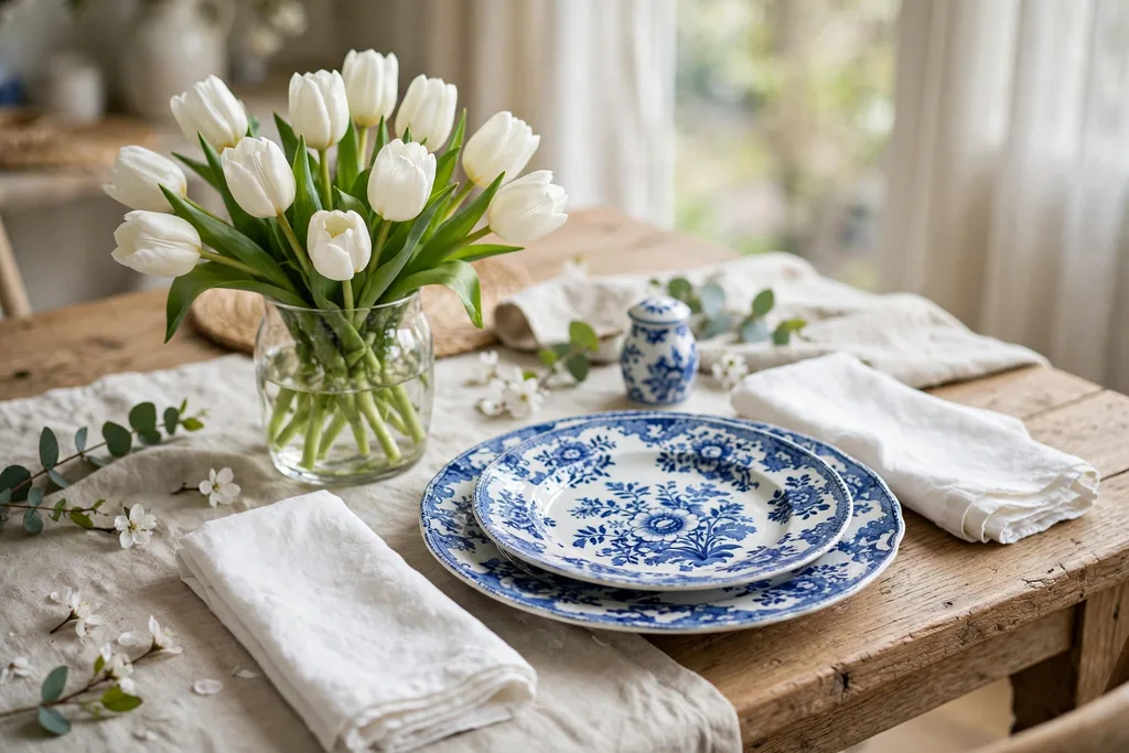 Blue and white porcelain plates with a vase of white tulips and white napkins on a spring table.