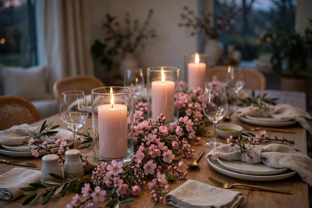 Blush pillar candles in glass holders with small pink blooms down the center of a spring dinner table.
