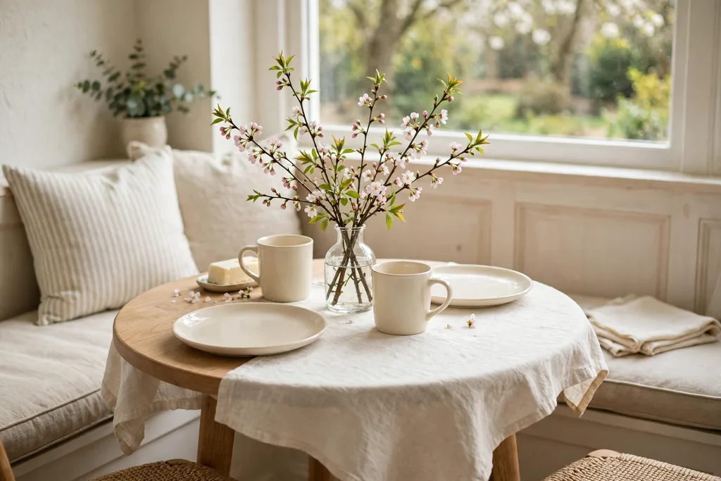Small round table with a plain cloth, a bud vase with spring stems, and cream mugs and plates.