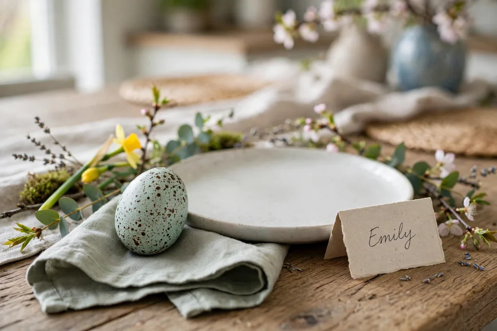 Speckled decorative egg beside a plate with a small handwritten place card on a spring table.