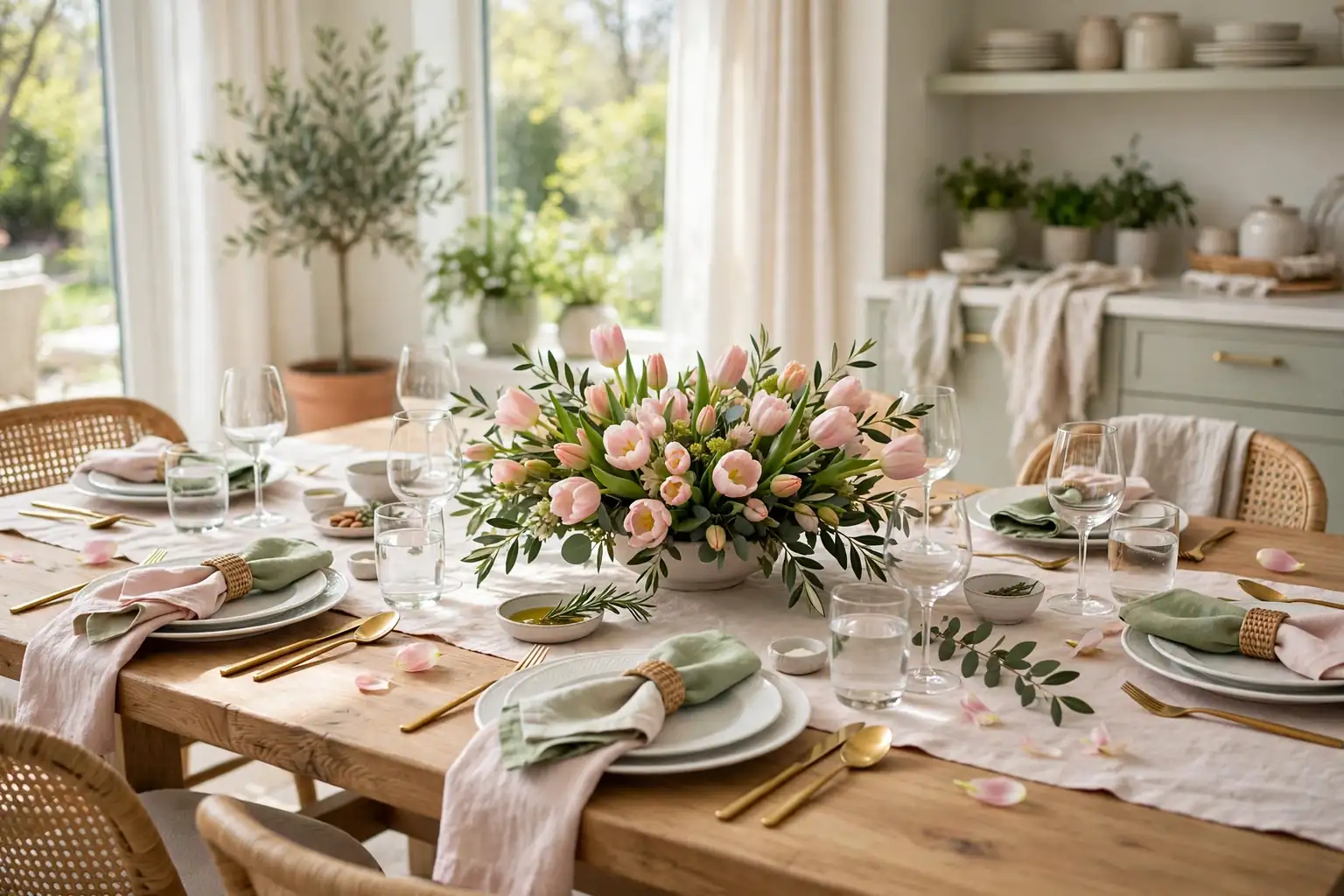 Wide spring dining table with a low tulip centerpiece, pastel linen, white plates, and place settings in soft green and blush daylight.