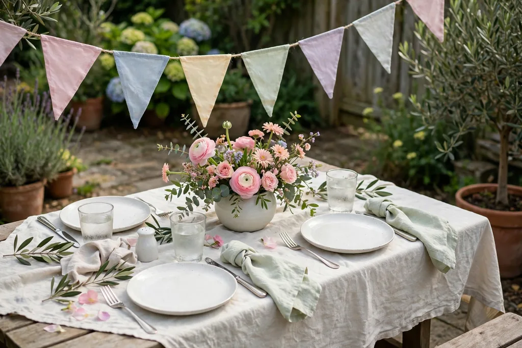 Outdoor garden table with a pale cloth, white plates, pastel bunting, and a low vase of garden flowers.
