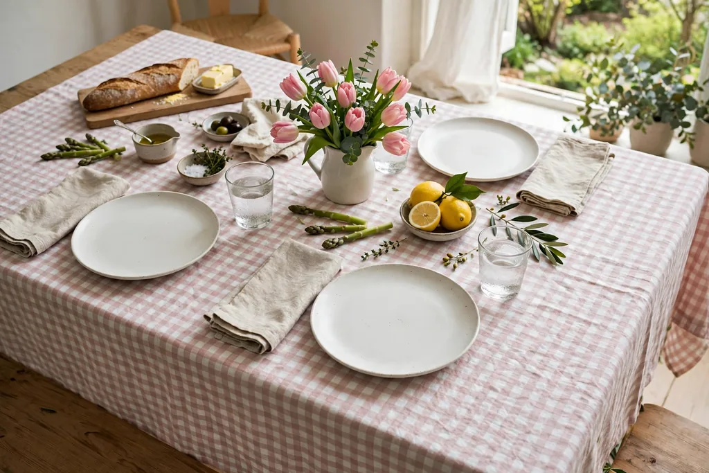 Pale pink gingham tablecloth with plain white plates on a casual spring dining table.