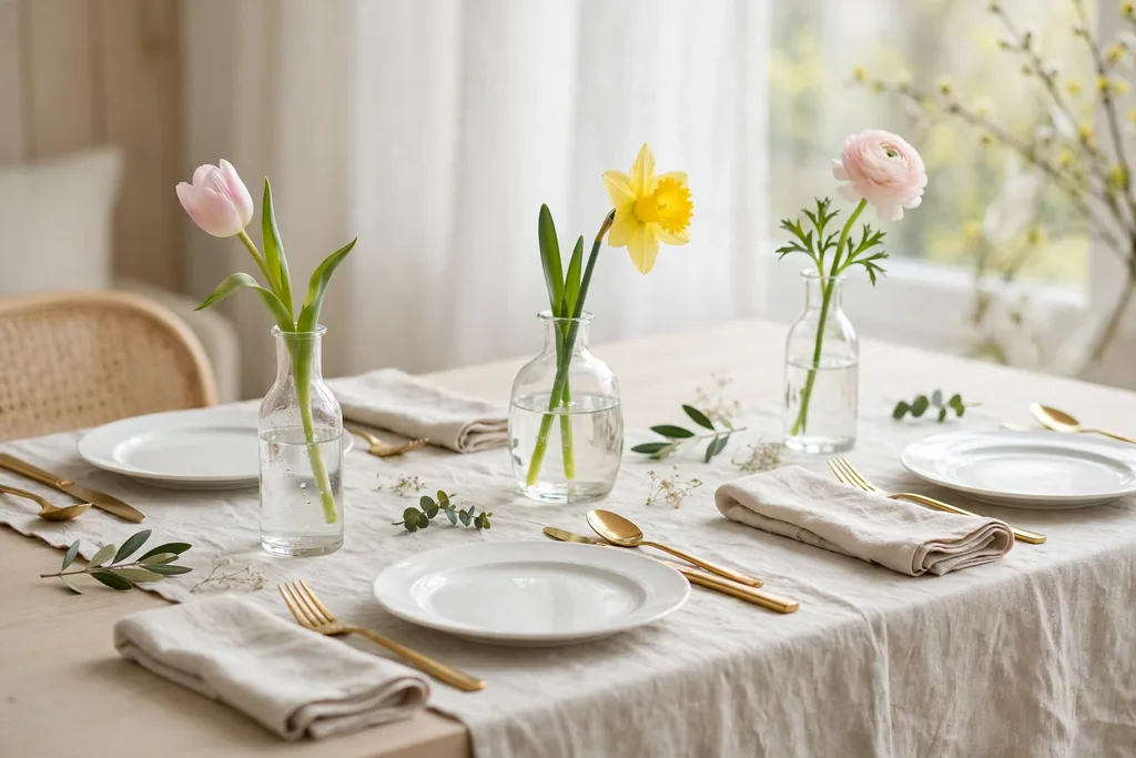 Clear glass vases with single stems, gold cutlery, and white plates on a pale spring table.