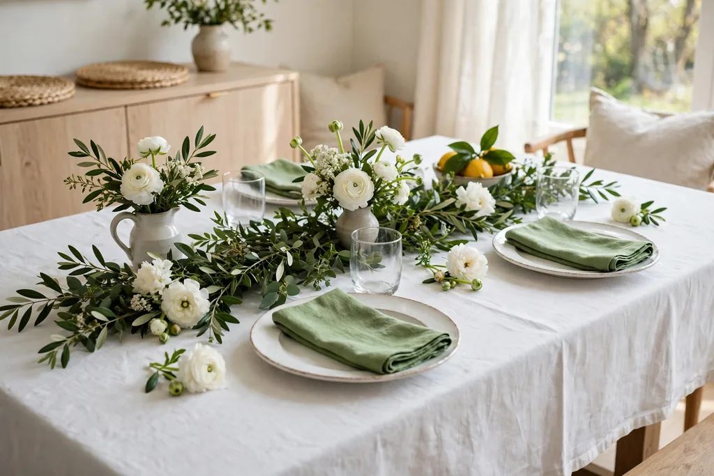 White cloth and plates with a green leaf runner, green napkins, and white blooms on a spring table.