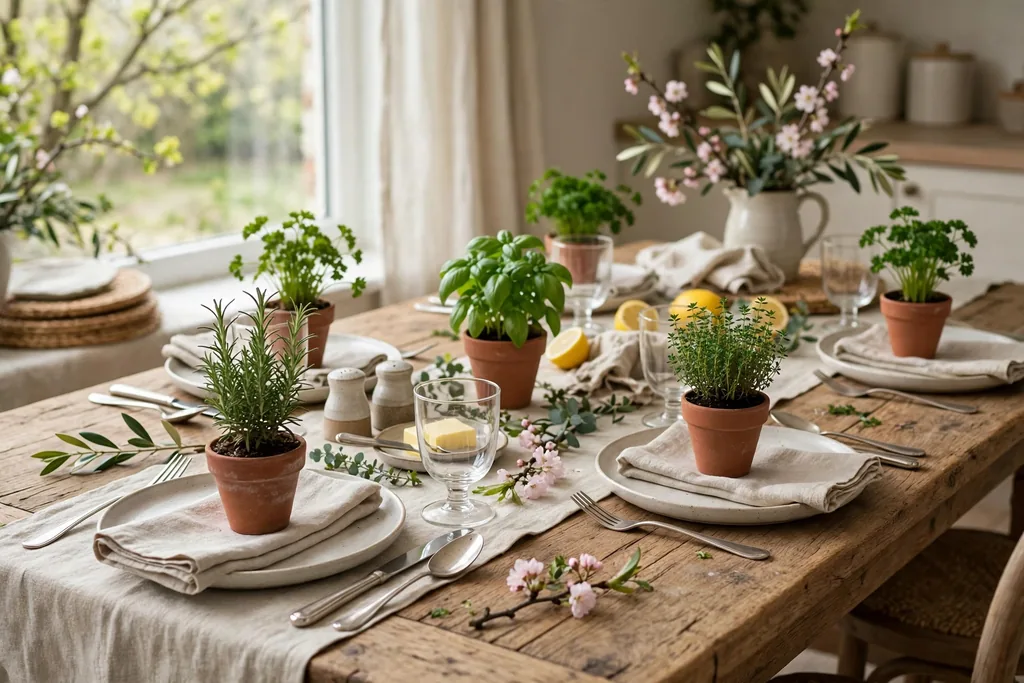 Small potted herbs in terracotta pots at each place on a spring dining table.