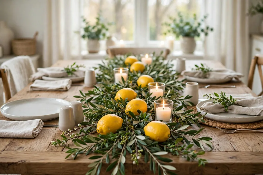 Leaf runner with whole lemons and short candles down the center of a spring dining table.
