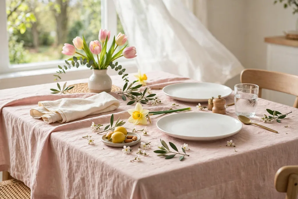 Pastel blush linen tablecloth with plain white plates and cream napkins on a bright dining table.