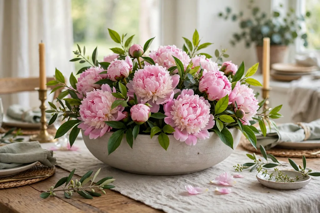 Wide shallow bowl filled with pink peonies and green leaves in the center of a spring dining table.