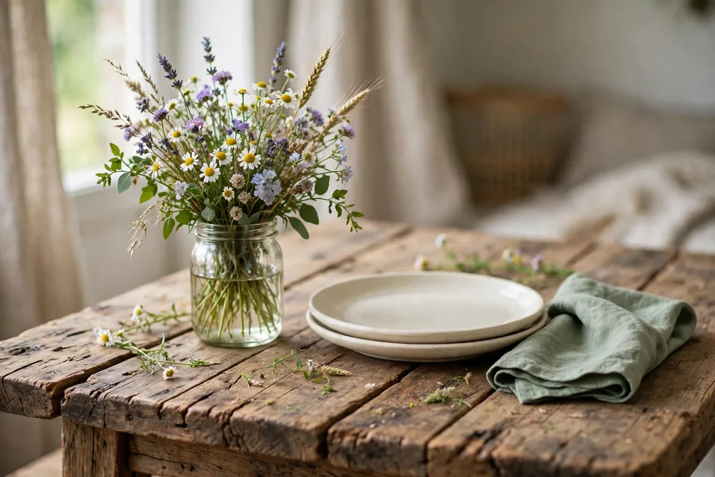 Bare rustic wood table with a jar of wildflowers, cream plates, and sage green linen napkins.