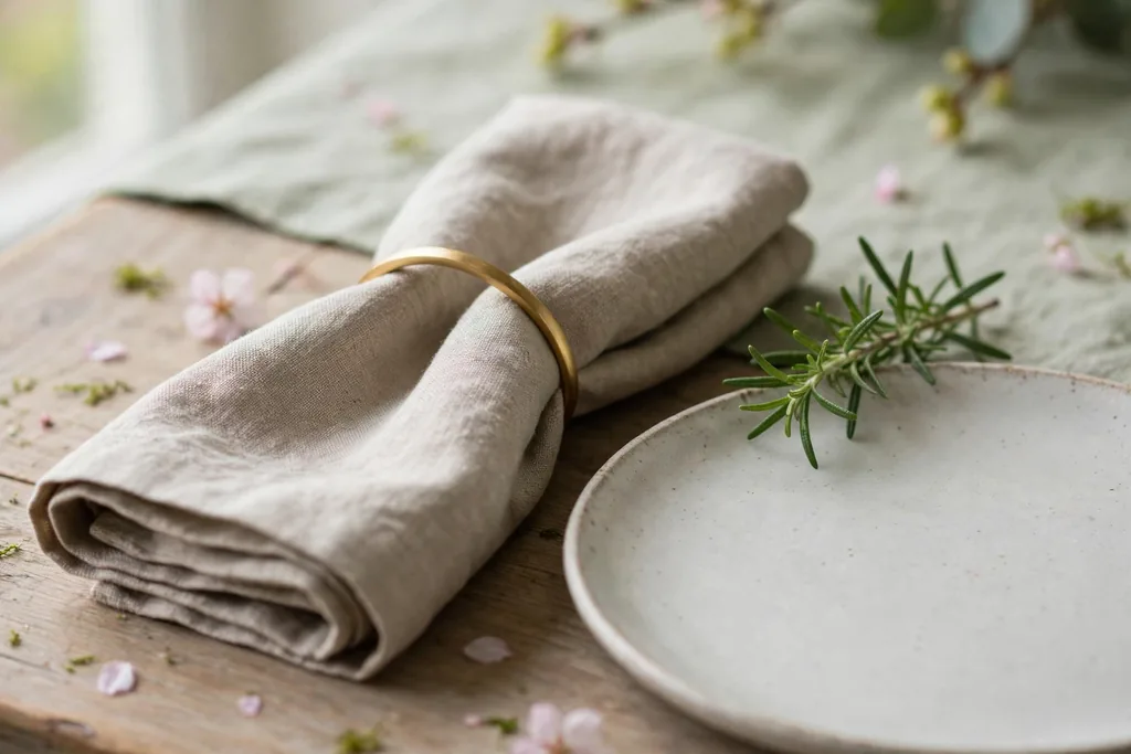 Folded napkin with a simple ring and a short fresh herb sprig beside a plate on a spring table.