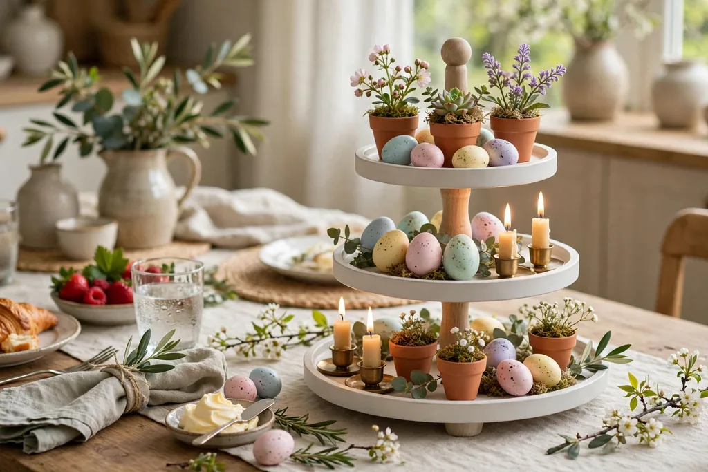 Tiered stand with mini flower pots, pastel eggs, and small candles at the end of a spring brunch table.