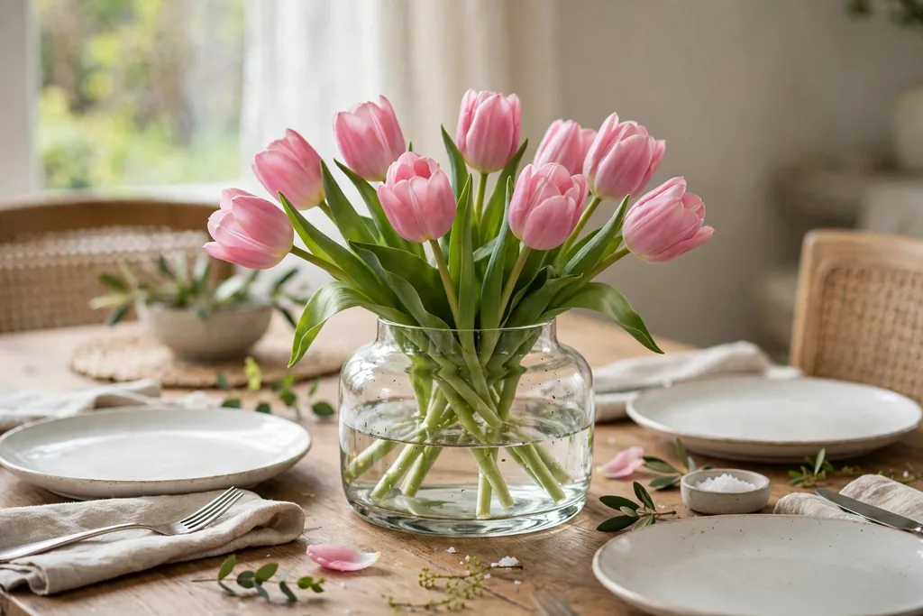 Short wide glass vase with pink tulips on a spring dining table with white plates.