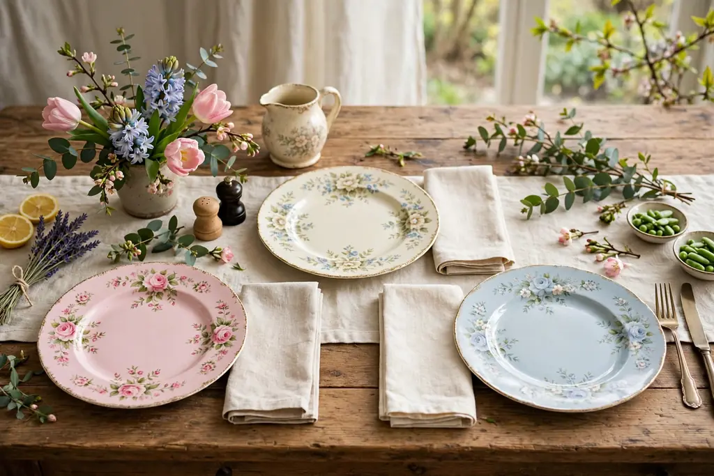 Mixed vintage floral plates in pink, cream, and pale blue with plain napkins on a spring table.