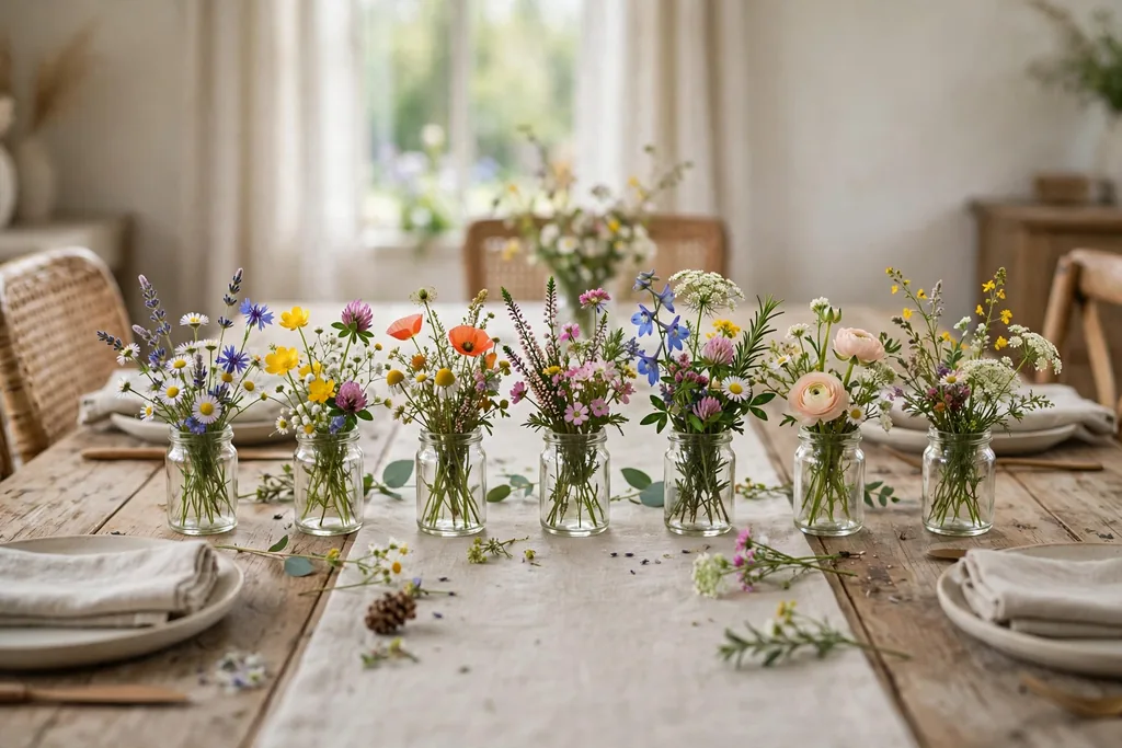 Small glass jars with mixed wildflowers spaced down the center of a spring dining table.