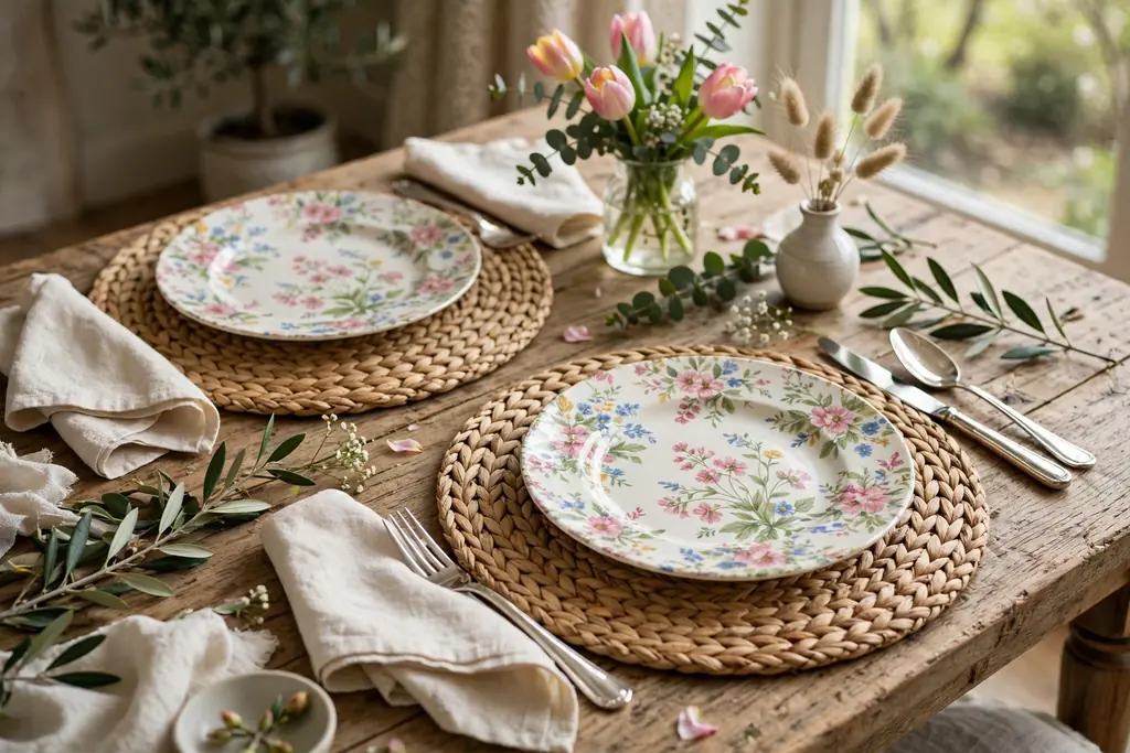 Woven seagrass placemats under floral plates with plain napkins on a spring table.