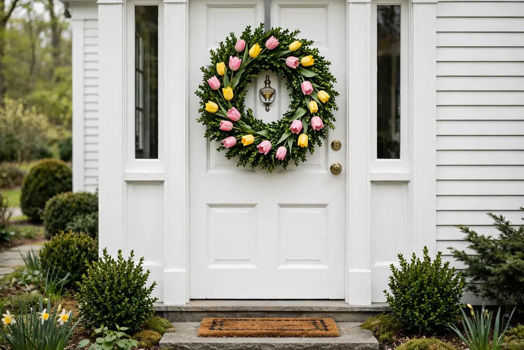 Classic tulip and boxwood wreath with pink and yellow tulips on a white front door.