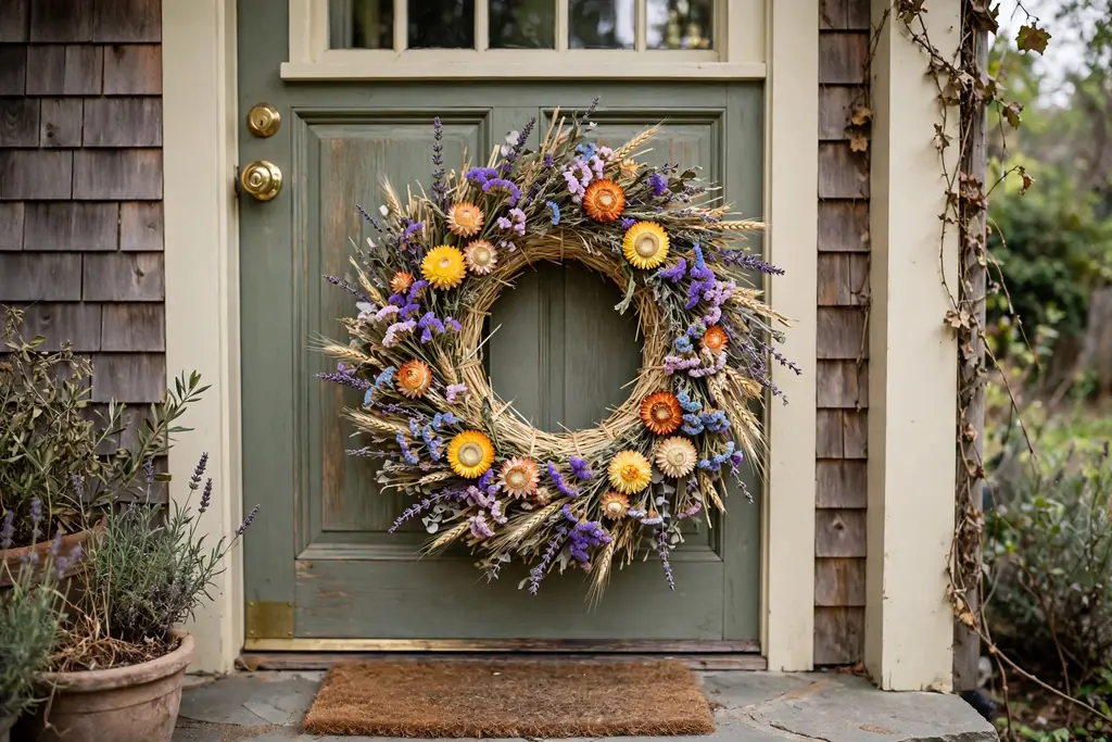 Dried flower and straw wreath with strawflowers, statice, and lavender on a front door.