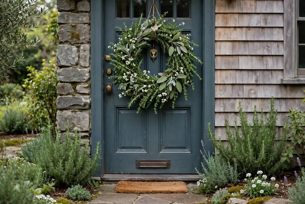Herb garden wreath with rosemary, thyme, and sage on a front door.